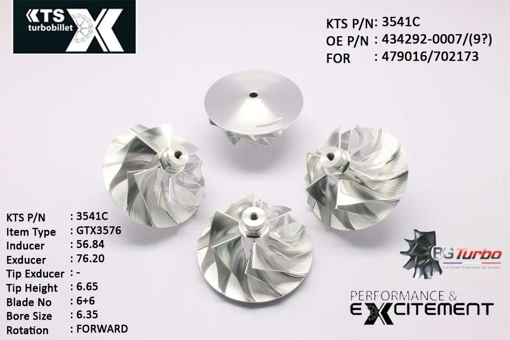 Turbo ROUE FORGÉE MFS PERFORMANCE - 6+6 PALES - INDUCER : 56,84 - EXDUCER : 76,2 - TYPE : GTX3576ANGLE : 60° - ROTATION : Forward - SUPER BACK : 4,57 - BORE SIZE : 6,35
